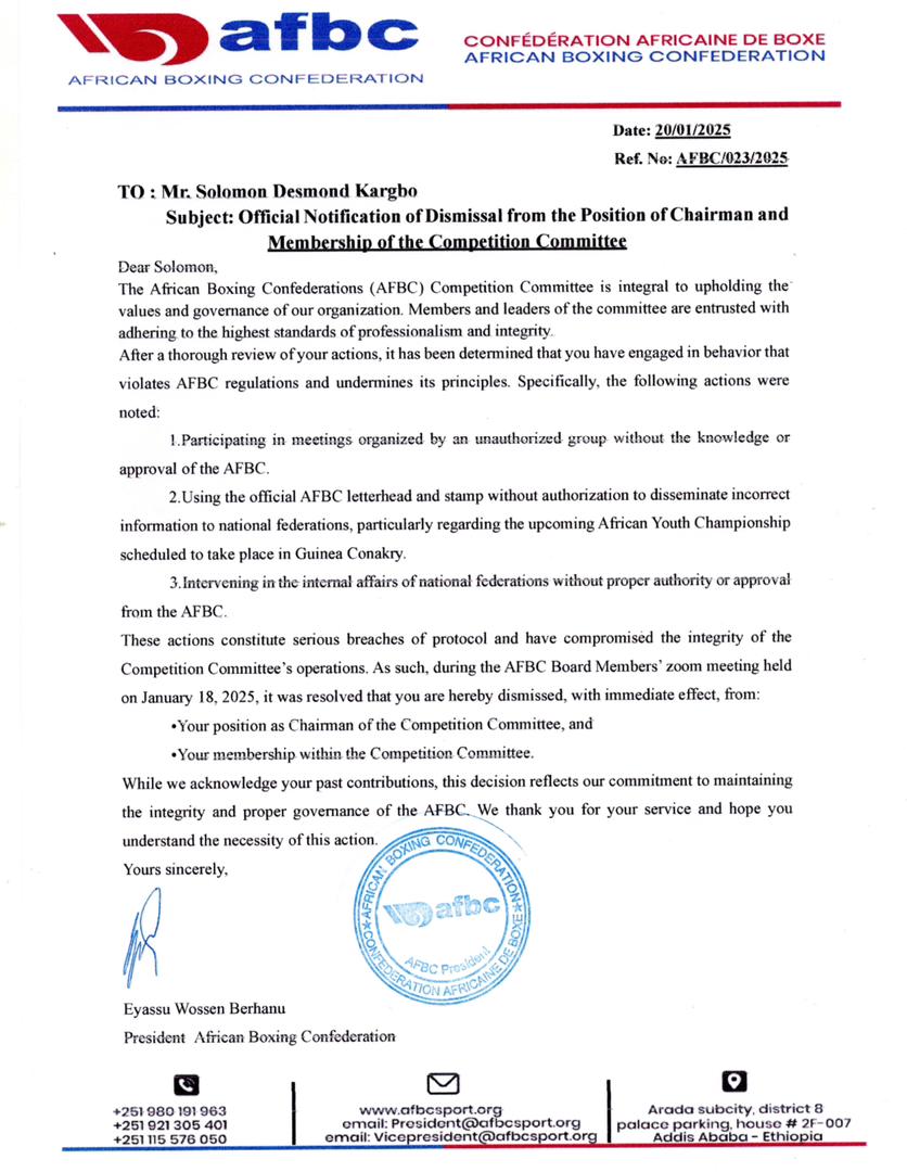 AFBC Announces Dismissal of Competition Committee Chairman Mr. Solomon Desmond